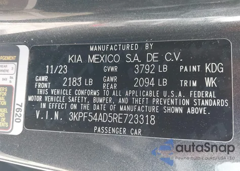 2024 Kia Forte Gt-Line из США, поврежденный, VIN 3KPF54AD5RE723318